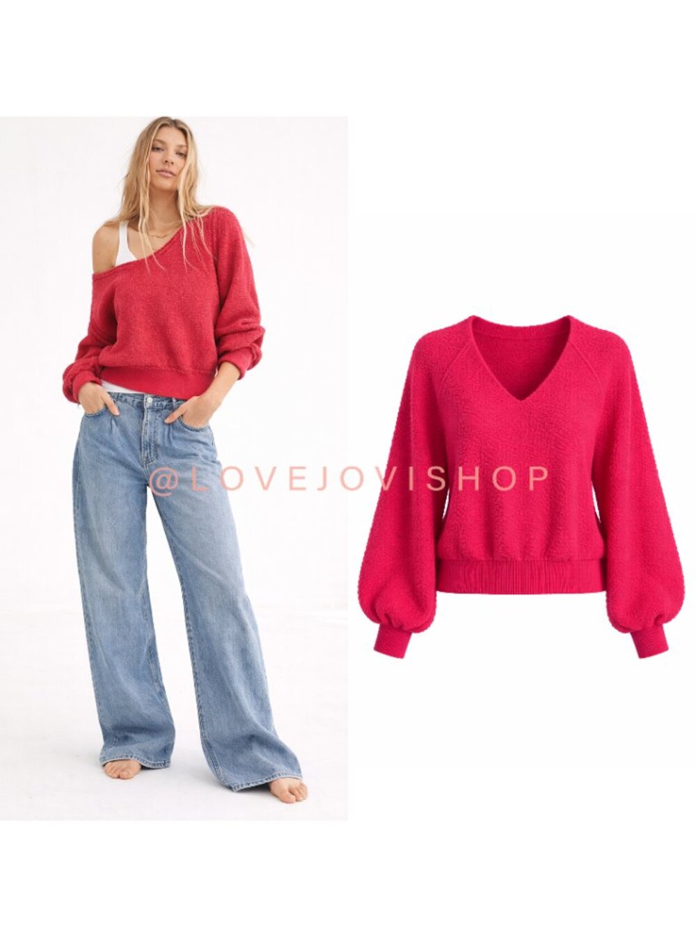 Bohemian | Free People Hot Pink Red Boucle V-Neck Sweater | Balloon Sleeve | M
